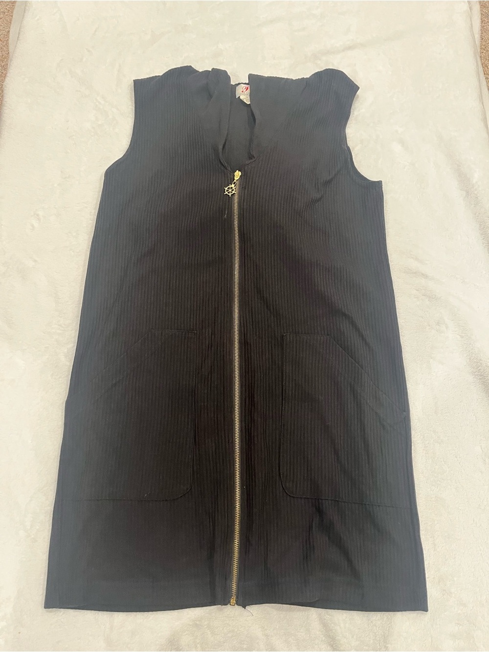 Vintage P.C. Collections Black Ribbed Hooded Vest Dress Zip Up Nautical Wheel-S - Picture 1 of 7